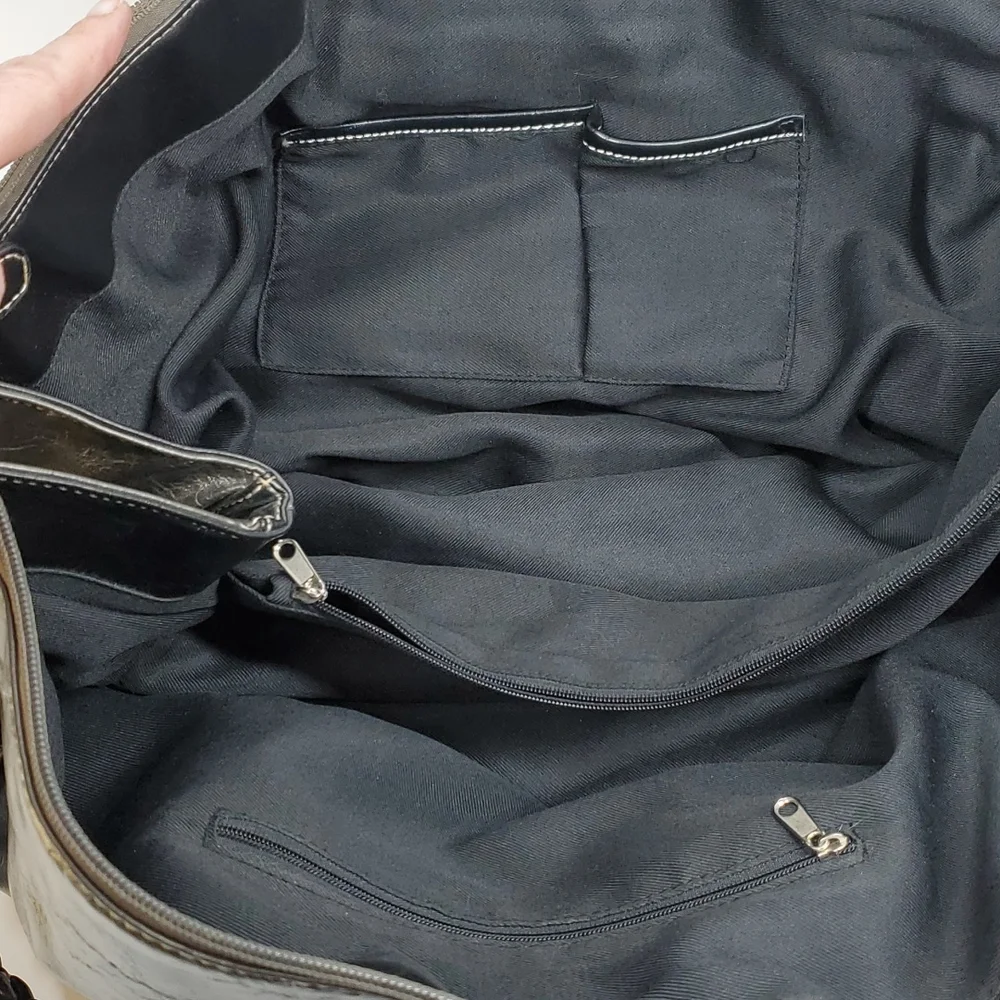 Extra Large Metallic Taupe Black Braided Straps Faux Leather Tote Bag EUC